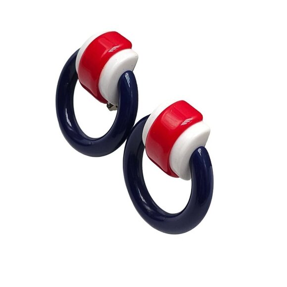 Red White Blue Patriotic Acrylic Round Dangle Earrings Clip-On Closure Vintage - Picture 3 of 5